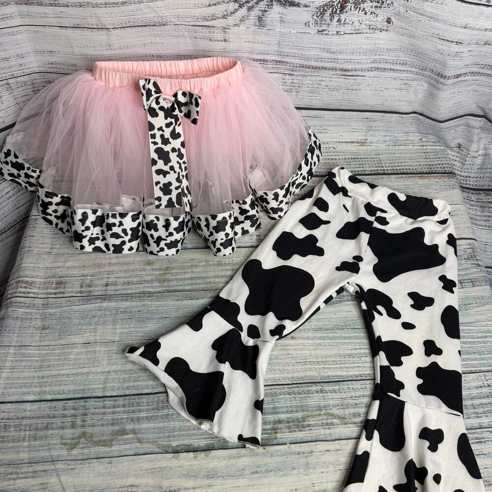Baby Girls 18M Cow Print Bell Bottom Pants Pink Tutu Skirt Western Outfit